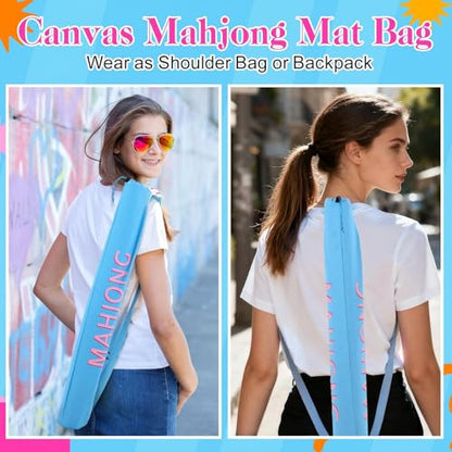 34 Inch Long Mahjong Mat Bag Cute Double Strapped Canvas Drawstring Mahjong Holder Lightweight Outdoor Carrying Bag for Board Games Travel Storage-Mat Not Include(Blue,1 Pc) - color: Blue, style: Soild