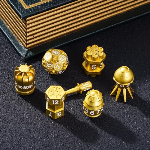 UDIXI Metal RPG Dice Set, 7PCS Bomb Polyhedral Metal Dice Set D&D Gold | Bomb Shape, Solid Metal, Leather Pouch Pakaging, Cool Design, for Dungeons and Dragons Role Playing Games Tabletop Game - color: Golden White