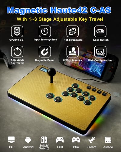 Haute42 Leverless Controller Arcade Stick: Magnetic Arcade Stick CAS with RGB ,Premium Aluminum Haute42 CAS Fightstick for PC/PS3/PS4/Switch Game with Lock Button Support Hot Swap & SOCD（Gold）