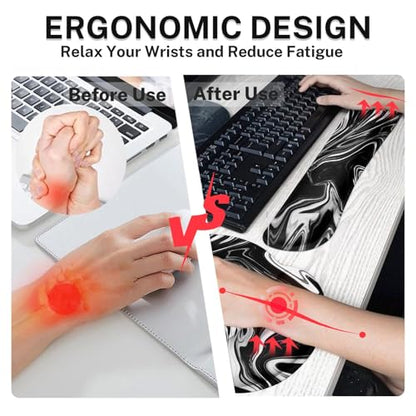 Britimes Black White Marble Keyboard Mouse Pad Set 4in1 Large Mousepad+Keyboard Wrist Rest+Mouse Wrist Rest+Coaster Ergonomic Design for Home Office Computer 35.4x15.7 inches - color: Black White Marble