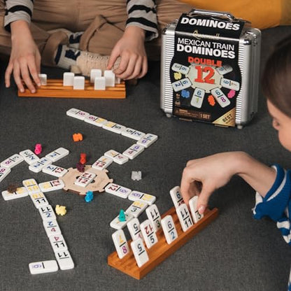 Queensell Mexican Train Dominoes Set with Numbers, Double 12 Dominoes Sets for Adults, Mexican Domino Train for Adults and Family - Domino Sets 91 Tiles with Aluminum Case - style: Double 12 Numbers
