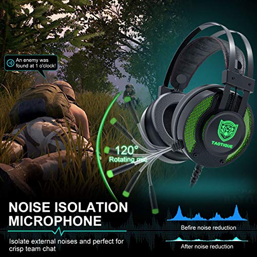 PS4 Gaming Headset, 7.1 Surround Sound Game Headset for Xbox One Noise Cancelling Gaming Headphones with Mic, Ergonomic Soft Earmuffs and LED Light for PC, Laptop - Green
