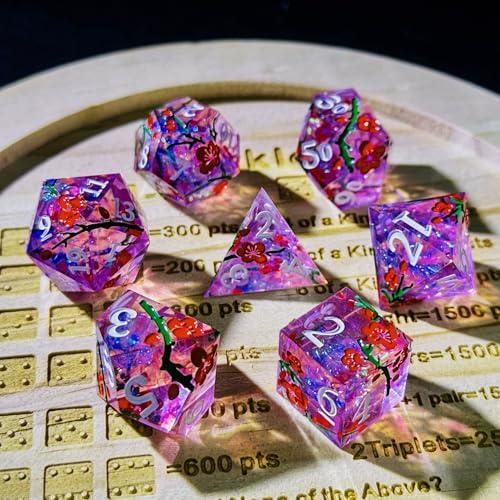 HAOMEJA Resin Flower Dice Set 7pcs/ Sharp Edged Polyhedral Dice/Apply to D&D/DND/RPG-MTG/Role Playing Table Game/Easter/Halloween Party Gift (Purple & White Numbers) - color: 7 Purple & White Numbers