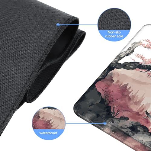 Japanese Cherry Blossom Large Gaming Mouse Pad,Mouse Pad Gaming for Desk 31.5 x 11.8 in Mouse Mat Desk Pad,Extended Keyboard Mousepad Desk Mat with Non-Slip Base and Stitched Edge for Gaming Office - color: Cherry Blossom Mountain