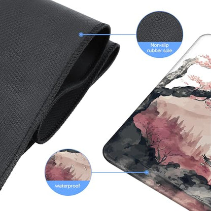 Japanese Cherry Blossom Large Gaming Mouse Pad,Mouse Pad Gaming for Desk 31.5 x 11.8 in Mouse Mat Desk Pad,Extended Keyboard Mousepad Desk Mat with Non-Slip Base and Stitched Edge for Gaming Office - color: Cherry Blossom Mountain