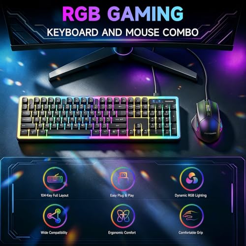 memzuoix Wired RGB Keyboard and Mouse Combo, Full-Size Keyboard with Number Pad and 6400 DPI LED Mouse, 2.4G Plug and Play Keyboard Mouse Set for PC, Laptop, Mac, Office & Gaming, Black