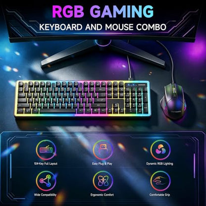 memzuoix Wired RGB Keyboard and Mouse Combo, Full-Size Keyboard with Number Pad and 6400 DPI LED Mouse, 2.4G Plug and Play Keyboard Mouse Set for PC, Laptop, Mac, Office & Gaming, Black