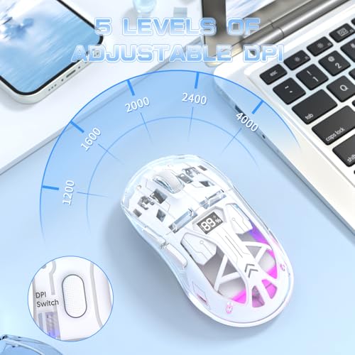 ZIYOU LANG A2 Transparent Wireless Gaming Mouse with Battery Level Display,Bluetooth/2.4G Wireless PC Mice,3D RGB Backlit,5 Million Clicks,PixArt 3212,up to 4000 DPI for Win/MAC (White) - color: White