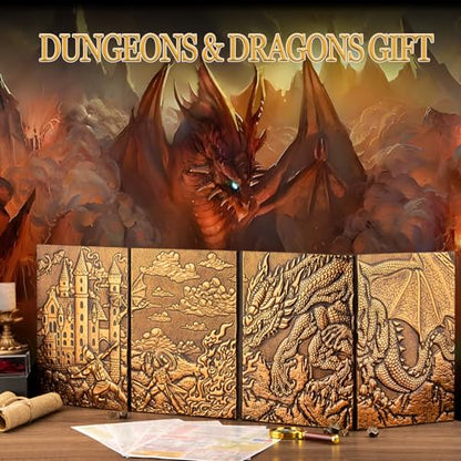 DND Dungeon Master Screen 3D Faux Leather,4 Panel Game Master with Pockets DM Screen for DM Game Accessories Gift,Dungeons and Dragon,Pathfinder,D&D