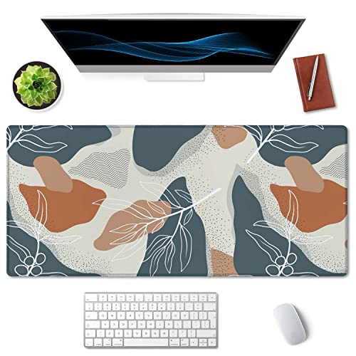 SSOIU Extended Gaming Mouse Pad (35.5x15.7 in), Large Stable Rubber Base Mousepad with Stitched Edges, Keyboard Mouse Mat Desk Pad for Work, Game, Office, Home - Abstract Flowers and Leave - color: Abstract Flowers and Leave