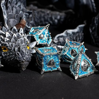 Metal DND Dice Set Blue Dragon Eye Metal Dice Set for Tabletop Games | Leather Storage Bag, DM Gift, for Dungeons and Dragons Role Playing Games - color: Dragon-silver Blue