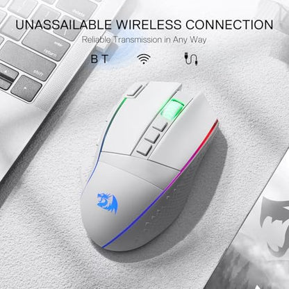 Redragon M991 3-Mode Wireless RGB Gaming Mouse 26000 DPI Remapping Keys | Cable-Free 0 Delay, Smooth Precise Tracking, Rapid-Fire Macro Keybinds, Vibing Backlight, Ergonomic Grip Body Comfort - color: White, style: M991