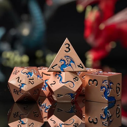Metal DND Dice Set,7-Piece Dragon Polyhedral Dice,Gold Blue | Zinc alloy polyhedral dragon dice set with easy-to-read numbers and a magnetic gift box for DND players and collectors. - color: Ancient Gold Blue