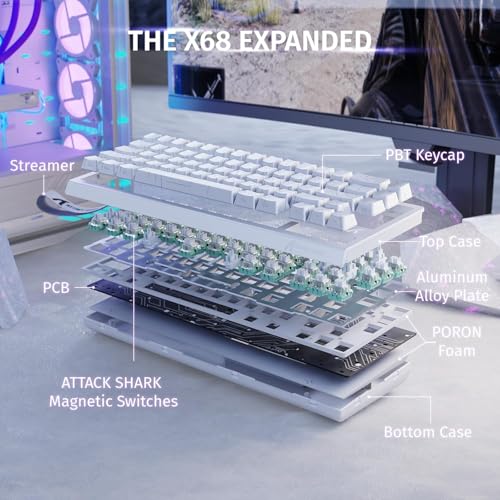 ATTACK SHARK X68HE RT Mechanical Gaming Keyboard 60% Wired TKL-WhiteContour | Adjustable Actuation,Hall Effect Magnetic Switch,8KHz Polling Rate,RGB Backlit,Top Mount,Side Printed Keycap for PC Mac Gamer - color: White Contour, size: Keyboard