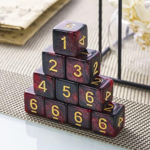 10 Pieces Polyhedral Dice Set D6 Dice 16mm Acrylic 6 Sided Dice Game Dice for Dungeons and Dragons RPG MTG DND Dice Table Games (Starry Red Black) - color: Starry Red Black