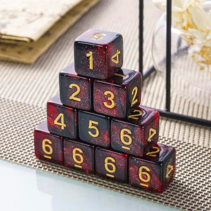 10 Pieces Polyhedral Dice Set D6 Dice 16mm Acrylic 6 Sided Dice Game Dice for Dungeons and Dragons RPG MTG DND Dice Table Games (Starry Red Black) - color: Starry Red Black