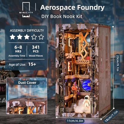 MiniCity Aerospace Foundry Book Nook Kit, DIY 3D Wooden Puzzle with LED | 341-piece wood/paper/plastic kit with LED and dust cover; glue/tools included; 8-10 hr project for shelf decor, ages 14+. - style: Aerospace Foundry