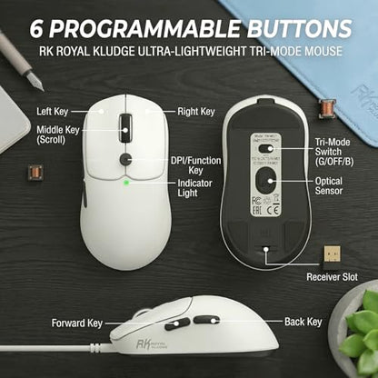 RK ROYAL KLUDGE MO1 Wireless Mouse, 55g Ultra-Lightweight Computer Mice, 6 Programmable Buttons, 2.4GHz/Bluetooth/Wired, 6000 DPI Optical Sensor, White - color: White