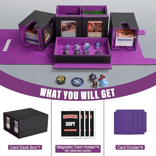 Kabinka Card Deck Box for MTG Commander, Holds 400+ Double-Sleeved Cards, 5 IN 1 Detachable Card Case with Dice Tray, Fits Magic/TCG Cards, 4 Magnetic Card Holders & Dividers (Black Purple) - color: A1-Black Purple
