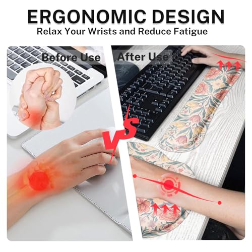 Britimes Pink Floral Keyboard Mouse Pad Set Retro 4in1 Large Mousepad+Keyboard Wrist Rest+Mouse Wrist Rest+Coaster Ergonomic Design for Home Office Computer 35.4x15.7 inches - color: Colorful Wildflowers