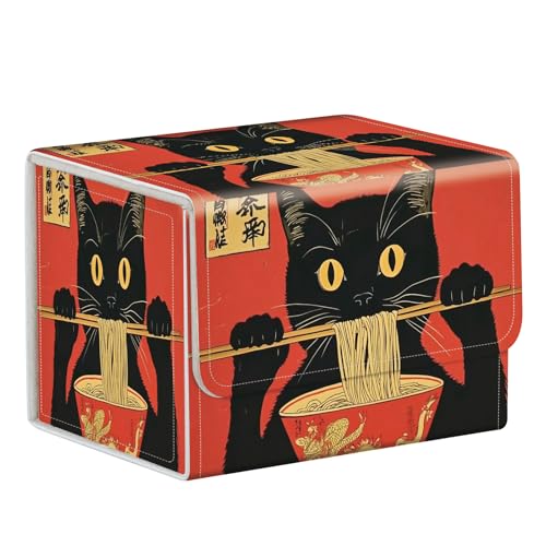 Commander Deck Box for Trading Cards - Fits 100+ Double Sleeved Cards, PU Leather MTG TCG Storage Case with Strong Magnetic Closure, Cat Eating Ramen - color: Cat Eating Ramen
