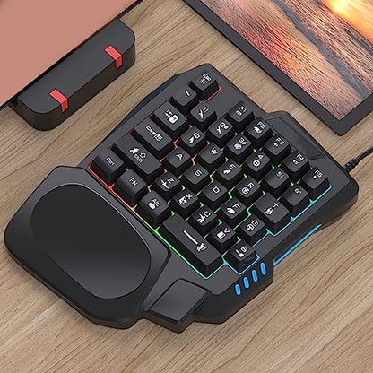 One Handed Gaming Keyboard RGB Backlit and Mouse 35 Keys Ergonomic Mini Keyboard with Wrist Rest USB Interface Mini Game Controller for Gamer White