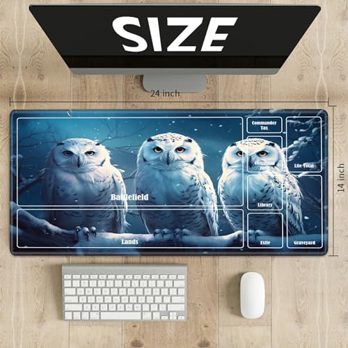 Board Game Mat TCG Playmat Plus 50 Pcs Card Sleeves, 24 x 14 inches Table Mats Games Mousepad with Zones Smooth Surface for MTG RPG CCG Trading Card Game Play Mats, Snow Owls - color: Snow Owls, size: Zone 1