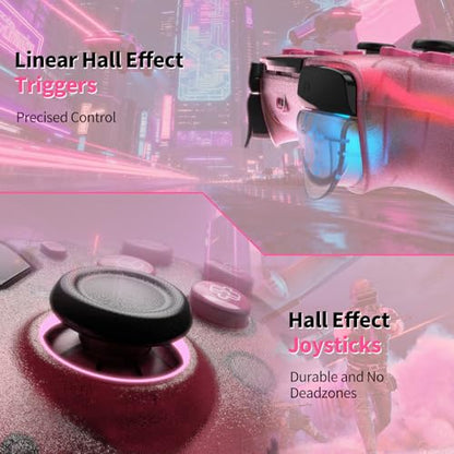 linhugame Wireless Controller for P5/Pro/Slim/PC, with Transparent Shell/RGB Tape Light/Hall Effect Joyticks and Trigger/Macro/Turbo/3.5mm Audio Jack/Speaker and Mic/1500 mAh Large Battery Gamepad (Pink)