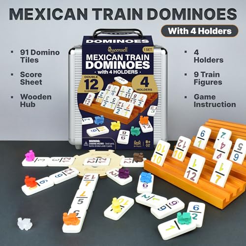 Queensell Mexican Train Dominoes Set with Numbers and 4 Holders - Wooden Hub and Domino Holders - Double 12 with Numbers (D12 Numbers + 4 Holders) - style: D12 Numbers + 4 Holders