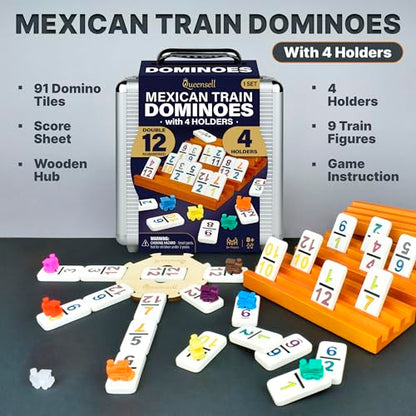 Queensell Mexican Train Dominoes Set with Numbers and 4 Holders - Wooden Hub and Domino Holders - Double 12 with Numbers (D12 Numbers + 4 Holders) - style: D12 Numbers + 4 Holders