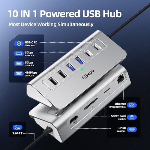 intpw 10-in-1 USB C Hub, P9R Powered USB Hub with 4K HDMI, 3 USB 3.0 5Gbps, PD 100W, 1Gbps Ethernet, SD/TF, Aluminum USB Hub for Laptop, MacBook Pro/Air, iPad Pro, iPhone 17, Dell, HP - color: Silver White, size: 1.64ft