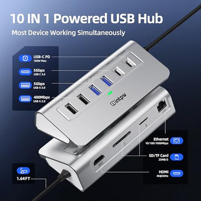 intpw 10-in-1 USB C Hub, P9R Powered USB Hub with 4K HDMI, 3 USB 3.0 5Gbps, PD 100W, 1Gbps Ethernet, SD/TF, Aluminum USB Hub for Laptop, MacBook Pro/Air, iPad Pro, iPhone 17, Dell, HP - color: Silver White, size: 1.64ft