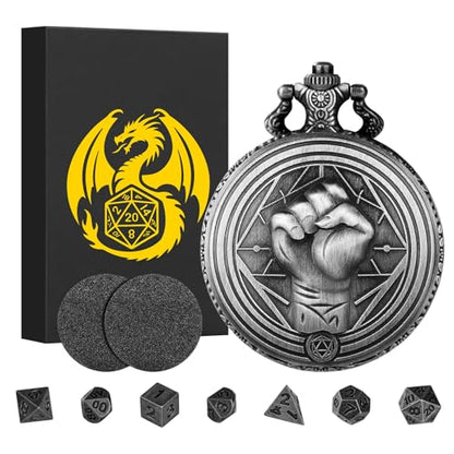 Mini DND Dice Set with Steampunk Monk (Fist) Pocket Watch Case, Tiny 7PCS Polyhedral Metal D&D Dice, DND Gifts with Gift Box, Role Playing Game Board Game Accessories Dice, Dark Silver - color: Dark Silver