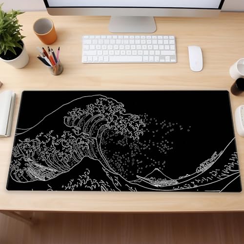 Great Wave Desk Mat, Black White Line Art Large Gaming Mousepad | Minimalist black and white wave desk pad with 3mm dense cushion, smooth cloth top, and non-slip rubber foundation. - color: Ukiyo-e of the Waves
