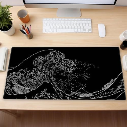 Great Wave Desk Mat, Black White Line Art Large Gaming Mousepad | Minimalist black and white wave desk pad with 3mm dense cushion, smooth cloth top, and non-slip rubber foundation. - color: Ukiyo-e of the Waves
