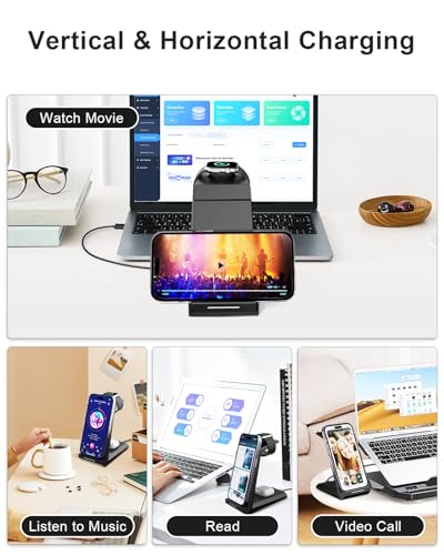 Wireless Charging Station for iPhone - ADADPU 3 in 1 Charger Stand for iPhone 17 16 15 14 13 12 11 Pro Max XR 8 Plus, for Apple Watch 8/7/SE/6/5/4/3/2, AirPods Pro/3/2(with 5ft Cable and 20W Adapter)