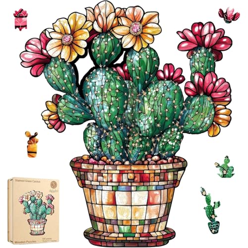 Delobil Stained Glass Cactus Wooden Puzzles for Adults, 500 Pieces Jigsaw Puzzles, Unique Shaped Royal Size Wood Puzzle Gift for Adults and Kids, Family Game 15.2'' x 17.7'' - color: Glass Cactus, size: 500Pcs