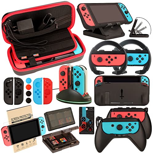 Switch Accessories Bundle for Nintendo Switch (23 in 1) | Kit with Carrying Case, Screen Protector, Joycon Grips, Steering Wheels, Charging Dock, Playstand, Joy-Con Case and More - color: Switch Kit