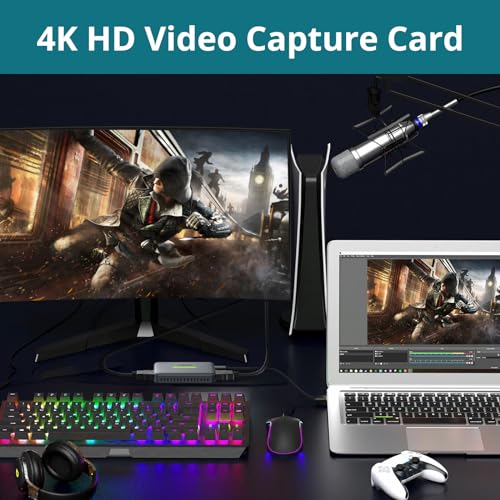 4K HDMI Capture Card, USB 3.0 Game Video Recorder with RGB Indicator | Capture up to 4K30, 1440p60 or 1080p120 with 4K60 loop-out, low latency, mic/line input and plug-and-play setup.
