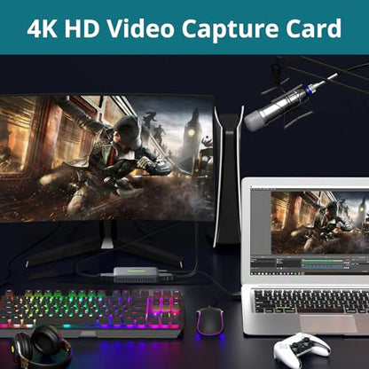 4K HDMI Capture Card, USB 3.0 Game Video Recorder with RGB Indicator | Capture up to 4K30, 1440p60 or 1080p120 with 4K60 loop-out, low latency, mic/line input and plug-and-play setup.