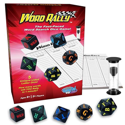Word Rally Fast-Paced Word Building Family Dice Game | Fun Game with 5 Different RPG Letter Dice | Perfect for Travel, Parties, and Game Night | 2+ Players, Ages 8+