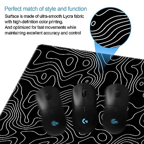 Black and White Topographic Desk Mat, Large Gaming Mouse Pad 31.5x15.7 | Sleek black and white contour line desk mat featuring pixel-precise tracking and a secure anti-slip rubber base. - color: Black Topographic Map