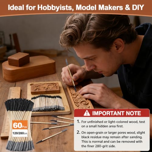 Sanding Sticks 60PCS, 120/280 Grit Double-Ended Sanding Tool for Plastic Models and Wood, Pen-Style Precision Sander for Model Building, Hobby Craft Detailing and Tight Spaces, 5.4 x 0.2 Inch