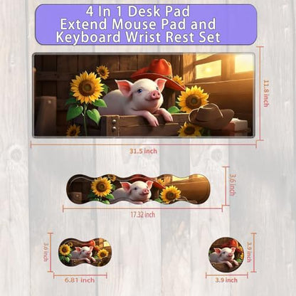 Large Gaming Mouse Pad Set with Wrist Support – 31.5" x 11.8" 4-in-1 XXL Mousepad with Keyboard Wrist Rest, Mouse Wrist Rest & Coaster – Ergonomic Desk Mat for Office, Home – Sunflower Pig - color: Sunflower Pig