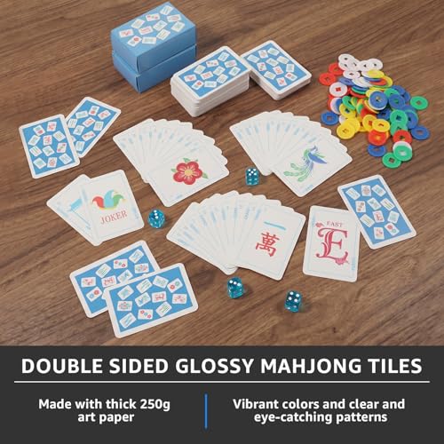 160 Pcs Mahjong Playing Cards Set American Style 3.4" x 2.2" Large Print with Storage Bag, 4 Dices, 100 Poker Chips Indicator Portable Mahjong Tiles Beginners Adults Gift for Travel Home Table