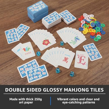 160 Pcs Mahjong Playing Cards Set American Style 3.4" x 2.2" Large Print with Storage Bag, 4 Dices, 100 Poker Chips Indicator Portable Mahjong Tiles Beginners Adults Gift for Travel Home Table