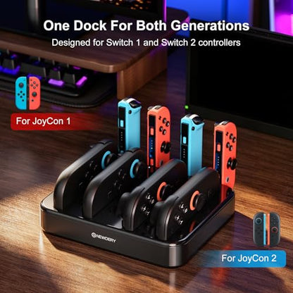 NEWDERY Controller Charger for Nintendo Switch 1/2 Joy Con, Charging Dock | 8 in 1 Fast Charging Station | Magnetic Snap | USB C Cable | LED Indicators | Organizer Stand Accessories | for Joy Con 2/1
