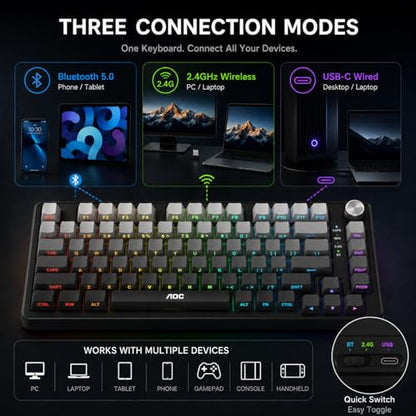 AOC GK330 75% Wireless Mechanical Gaming Keyboard, Hot-Swappable 3-Mode RGB | BT/2.4GHz/USB-C Connectivity, Pre-Lubed Reaper Switches, Anti-Ghosting, Gasket Mount and 5-Layer Sound-Dampening Padding