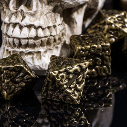 Cusdie 7 PCs Metal DND Dice Set, Brain Design Metal Dice, D&D Polyhedral Dice Set with Skull Dice Bag, for Role Playing Game D&D Dice (Bronze) - color: Brain Bronze