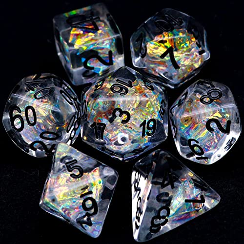 Haxtec Clear DND Dice Set 7PCS Filled Resin Polyhedral D&D Dice with Bag, Iridescent Rainbow Mylar Inclusion Dice for Roleplaying Games Compatible with Dungeons and Dragons Gift - color: Clear Black